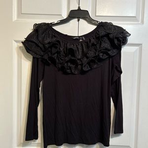 NWT Stera Top Size M Medium Black Silver Shimmer Layered Ruffle Neckline…